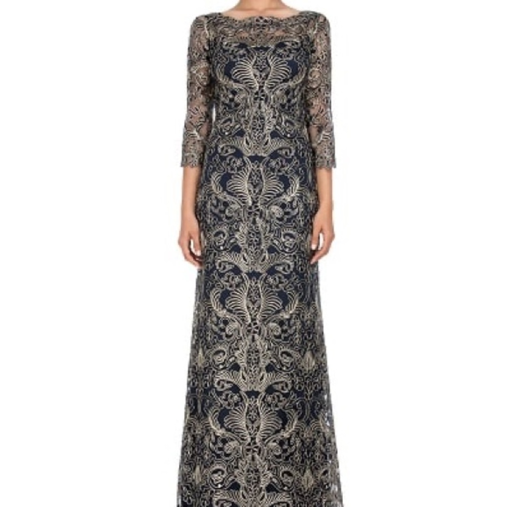 TADASHI SHOJI Corded Embroidery on Tulle ¾ Sleeve Gown